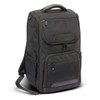 A laptop backpack in dark grey, featuring multiple compartments and a handle on top. It has a branding logo.
