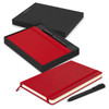 A red Moleskine notebook and pen set presented in a black gift box. Features a sleek design and includes a logo.