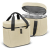 A cream cooler bag with black straps, featuring a zippered front pocket and a silver insulated interior.