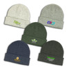 Five beanies in various colours: light grey, dark green, navy blue, and olive green, each with distinct logos.
