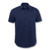 A navy blue button-up shirt with short sleeves and a collar, featuring a logo on the label.
