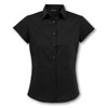 A black short sleeve button-up shirt with a collar, featuring a front button placket and a fitted design.