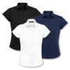A set of three short sleeve button-up shirts in black, white, and navy, each featuring a logo.