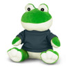A green frog plush toy wearing a dark blue shirt, featuring a friendly expression and soft, cuddly limbs.