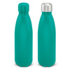 A drink bottle with a turquoise powder-coated finish and a stainless steel lid, featuring a logo.