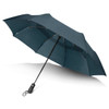 A dark teal umbrella with a curved handle and a black shaft, featuring a branding logo.