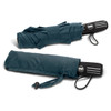A dark green compact umbrella with a black handle and logo, neatly folded for storage.