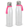 A drink bottle with a clear body and metal lid, featuring a pink silicone strap. Two bottles are displayed.