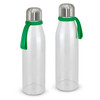A drink bottle with a clear body, stainless steel cap, and a green silicone strap. Features branding on the cap.