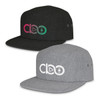 A black and grey cap set featuring a logo, with a flat brim and a textured fabric design.