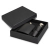 A black hip flask gift set in a sleek box, featuring a flask and two stainless steel pour tops.