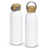 A drink bottle with a white body and a bamboo lid, featuring a grey handle and a branding logo.