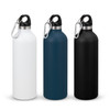 A drink bottle trio featuring white, teal, and black finishes, each with a carabiner cap and a logo.