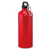 A drink bottle in vibrant red, featuring a secure cap and a carabiner clip for easy attachment.
