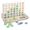 A Four in a Row game with a light-coloured board and blue and green game discs scattered around.
