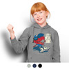 A grey hooded sweatshirt featuring a cartoon dinosaur skating, with a logo and graphic design.