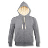 A grey unisex zipped sweatshirt with a cream-coloured hood lining and drawstrings, featuring a front pocket and branding.