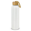A drink bottle in white aluminium with a bamboo lid and a rope handle. It features a logo.