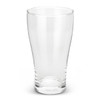 A clear glass beer glass with a tapered shape and a sturdy base, featuring a logo on the side.