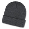 A dark grey waffle knit beanie with a folded cuff and textured design, featuring a logo.