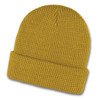 A mustard yellow waffle beanie featuring a ribbed texture and a folded cuff. It has a logo present.