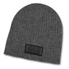 A grey cable knit beanie with a textured fabric and a patch.