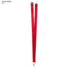 Red polyester lanyard, 20mm wide, featuring a clip for attachment and a logo. Ideal for events and exhibitions.