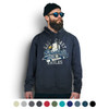 A unisex navy hoodie featuring a logo and graphic design, worn by a bearded man with sunglasses and a beanie.