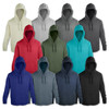 A collection of unisex hoodies in various colours, including grey, red, teal, green, navy, and black, each with a hood.