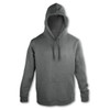 A unisex hoodie in a solid grey colour, featuring a front pocket and a hood, with a subtle logo.