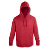 A red unisex hoodie featuring a front pocket and a hood, with a branding logo on the garment.