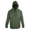 A green unisex hoodie with a front pocket and an adjustable drawstring hood. It features a logo on the front.
