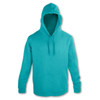 A turquoise unisex hoodie featuring a front pocket and a drawstring hood, with a logo on the front.