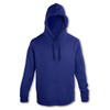 A navy unisex hoodie with a front pocket and a drawstring hood. It features a logo on the chest area.