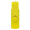 A yellow Helix 8GB dual flash drive with a swivel cap and an attached loop for convenience.