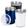 A drink bottle set featuring a white, black, and navy blue vacuum cup with clear lids and stainless steel interiors.
