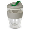 A drink bottle featuring a clear body with a grey lid and green handle, complete with a silicone grip.