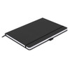 A large black hardcover notebook with a ribbon bookmark and an elastic closure, featuring a simple design and branding.