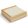 A wooden box in a light finish, square in shape, with a smooth surface and raised edges.