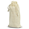 A cream-coloured drawstring bag made of fabric, featuring a tied closure at the top.