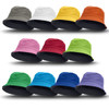 A collection of reversible bucket hats in various colours including grey, white, orange, yellow, pink, red, green, and blue, featuring a black brim.