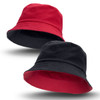 A reversible bucket hat featuring red and black colours, with a logo on one side.