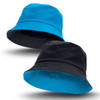 A reversible bucket hat featuring a vibrant blue side and a classic black side, with a logo on one side.
