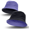 A reversible bucket hat featuring purple on one side and black on the other. It has a logo on it.