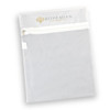 A translucent white mesh laundry bag with a zip closure and a logo at the top.
