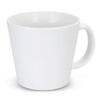 A coffee mug in a sleek, white design with a curved shape and a sturdy handle. It features a logo.