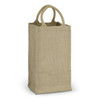 A jute four bottle wine carrier in a natural beige colour with two sturdy handles. It features branding on the side.