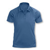 A blue women's polo shirt with a collar and short sleeves, featuring a logo on the chest.