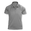 A grey women's polo shirt with a classic collar and short sleeves, featuring a logo.
