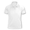 A white polo shirt featuring a collar and short sleeves, with a branding logo on the front.